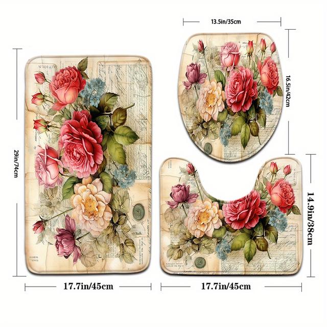 TEMU 3pcs Plant Series Bathroom Mat Set With Newspaper Rose Pattern, Toilet Seat Cover, And U-shaped Foot Mat.