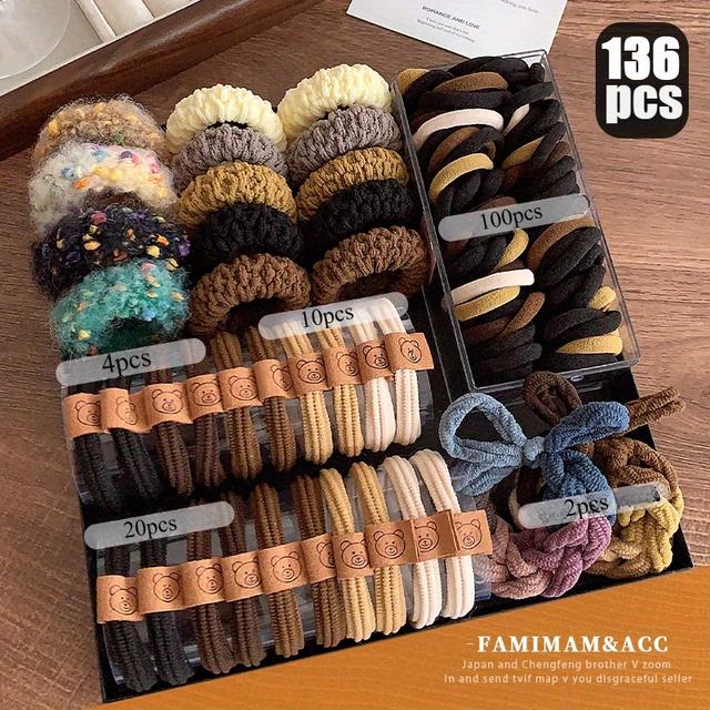 TEMU 136 ชิ้น ชุดหูหิ้วสำหรับผู้หญิง, สายรัดผมยืดหยุ่น, สายรัดผมทนทานความยืดหยุ่นสูง