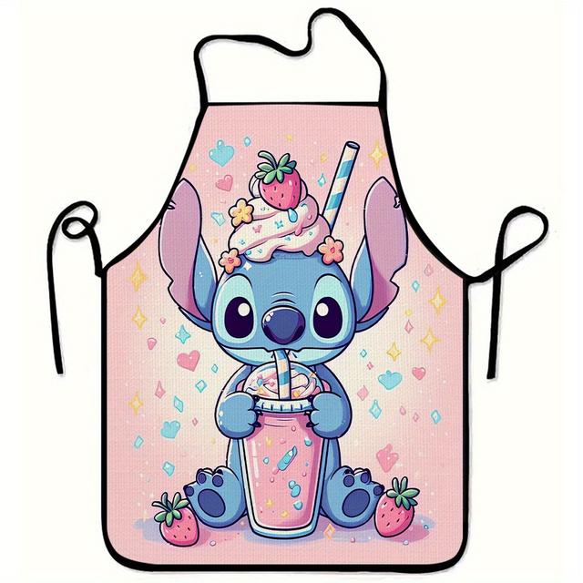 TEMU 1 pieza de delantal sin con tema de Stitch - Rosa con diseño de fresas y bebidas, poliéster, ideal para cocina en casa, hornear, restaurantes y cafeterías.