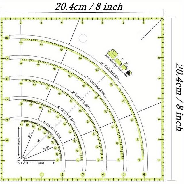 TEMU Akrylátové pravítko pro quiltování, 8x8" multifunkční zakřivené a kruhové řezací pravítko, s dvoubarevnými linkami, pro patchworkové šicí nástroje, šablona pro řezání látky