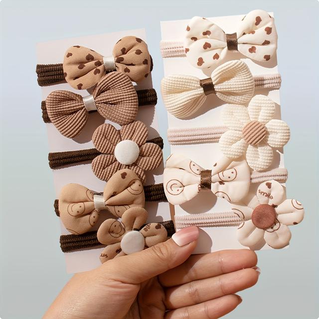 TEMU 10pcs Pack Of Cute Elastic Bow Hair Clips| Sporty Head Accessory For Women's Everyday Hairstyling And Hair Fixing, Featuring A Floral And In Beige-brown And White Colors.