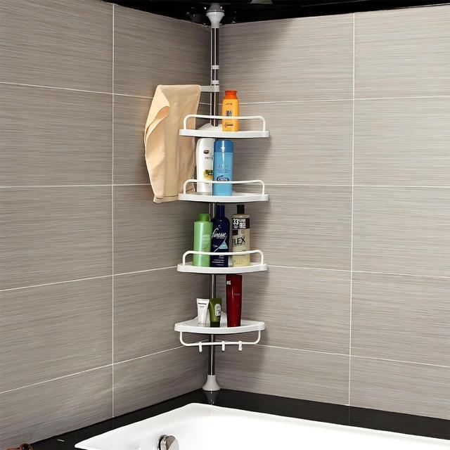 TEMU 4-tier Adjustable Corner Shower Caddy - Space-saving Bathroom Organizer With Towel Bar, Soap Dish & Mesh Baskets, Stainless Steel & Abs Plastic, 47"-125" Height, White