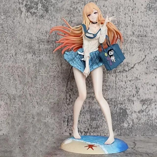 TEMU 28cm 大型アニメ少女フィギュア - 高精細GKモデル、金髪・青い瞳&、水着スカート&ブレザーの学校制服姿、表情豊かな目とダイポーズ、大人向けホーム/オフィス装飾用ドール、エースター/クリスマス/ハロウィンに最適な贈り物(耐久性PVC製)- 動きあるビーチシーン、白ベース付き、高品質ディテール