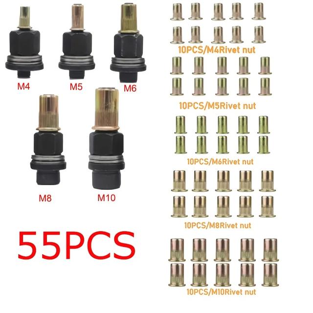 TEMU 55pcs Manual Rivet Nut Tool Set | Easy-to-install M4 M5 M6 M8 M10 Rivet Nut Inserts, Carbon Steel, Swivel Type, Partial Thread, Left-hand Thread , For Fastening Tasks