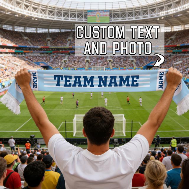 TEMU 1pc Personalized Photo/text Fan Scarf - Light Blue & Navy Suitable For Stadium Events, Gifts, Photo Display, Machine Washable Scarves For Outdoor Sports & Home Decoration, For Collectibles