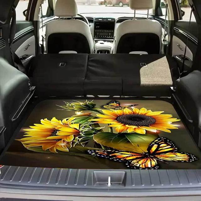 TEMU 1pc Vibrant Sunflower & Pattern Polyester Car Trunk Mat - Soft Machine-washable Suv Trunk Liner, Easy-clean Durable Interior Accessory For Cars, Trucks, Suvs