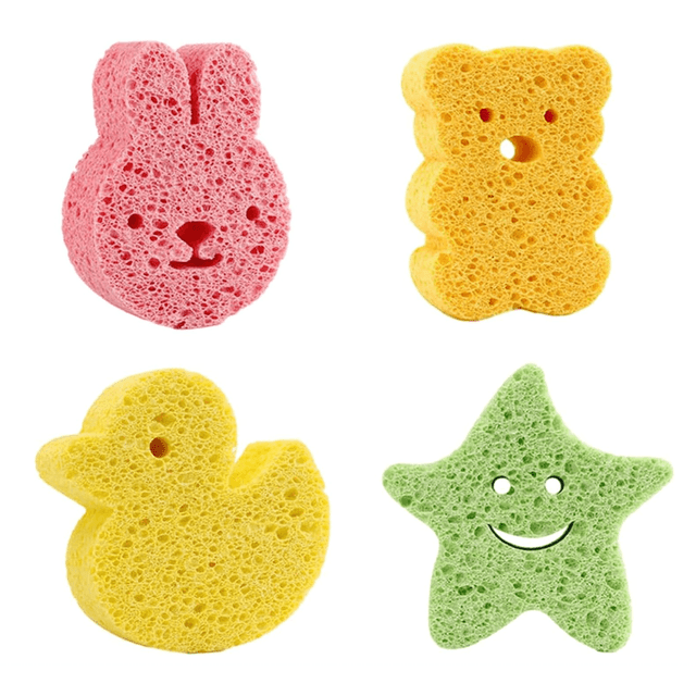 TEMU Set mit 4 niedlichen Badewäschenschwämmen im Cartoon-Stil aus weichem Holzstoff - Peeling-Schwämme für Gesicht und Körper