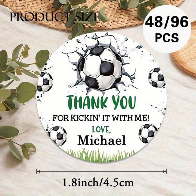 TEMU Personalized Round Stickers Featuring A Soccer Theme, Available In Sets Of 48 Or 96. Display Soccer Balls And A Vibrant Design, Making Them Perfect For Sports Celebrations, Team Presents, Event