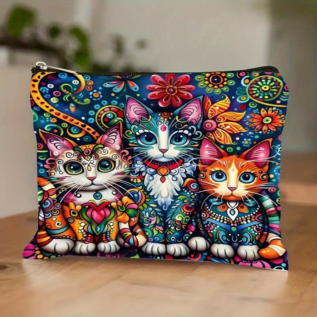 TEMU Boho-Katzenmuster-Leinwand-Make-up-Tasche mit sicheren Reißverschluss - leicht und multifunktionaler Reise-Kosmetiktasche für Damen