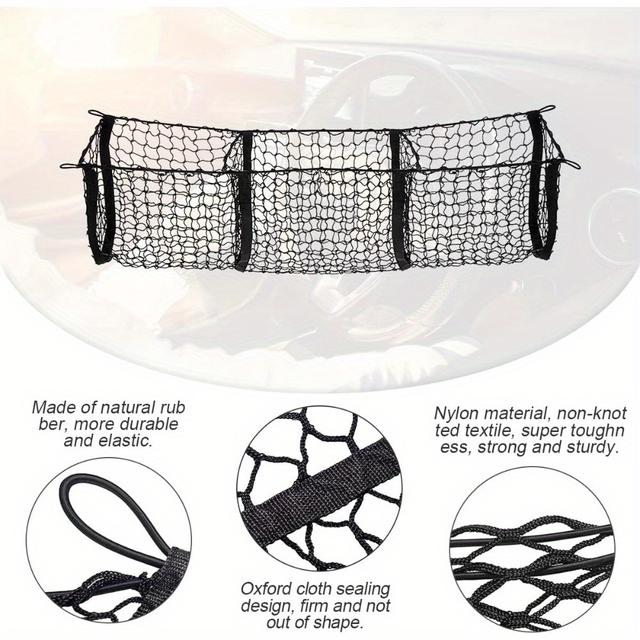 TEMU Heavy-duty Cargo Net For Vehicles, Featuring 3 Expandable Pockets And A Black Mesh Design, Complete With 4 Metal Carabiners, Suitable For Cars, Suvs, Pickup Trucks, And Van Trunks