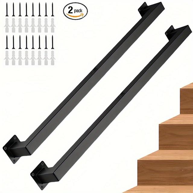TEMU 2-pack Cast Iron Stair Handrails - Wall-mounted Black Metal Grab Bars For Elderly Safety, Indoor/outdoor Use With Mounting Hardware, For Stairs