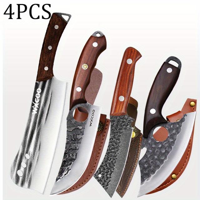 TEMU 4pcs Professional Kitchen Knife Multipurpose Knife Wooden Handle Handmade Knife Stainless Steel Boning Knife Meat Cleaver Fruit Knife Slicing Cooking Knife For