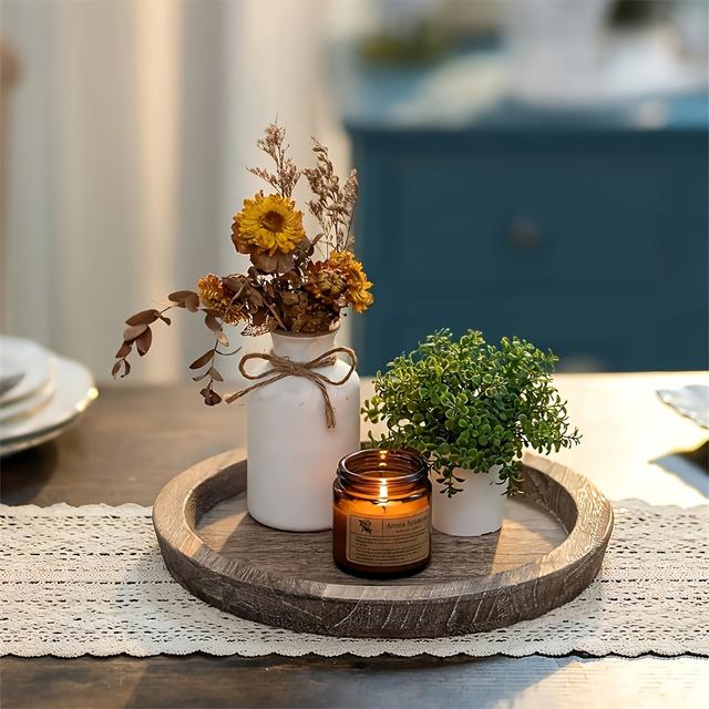 TEMU 1pc Round Wooden Candle Tray Small Farmhouse Table Centerpiece Wood Tea Tray Halloween Home Decor Christmas Home Decor, Non-food Contact