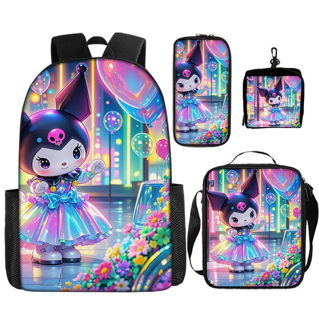 TEMU 4pcs For Kuromi Anime Backpack Set Cartoon Theme For Kuromi Double Shoulder Bag With Balloon And Skirt Pattern Fashion Print Schoolbag Four-piece Set Daily Use Or Travel Halloween Christmas Gift