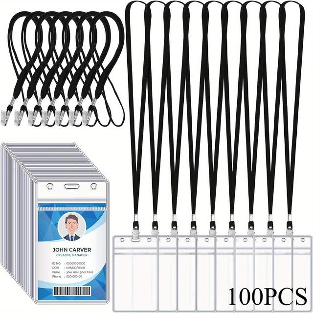 TEMU 大量の厚手IDバッジホルダーとストラップ、25/100セット クリア縦型名札ホルダー 名札/タグ/バッジ/IDカード/idバッジ用ポーチ ストラップ付き ビジネス、カンファレンス、教師などに