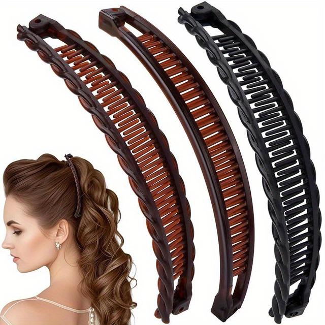TEMU 3-pack Women's Large Banana Hair Clips, Claw Clips, Vintage Non-slip Double Comb Hair Accessories, Suitable For Thick, Long, Curly Hair - Black, , Christmas Gift