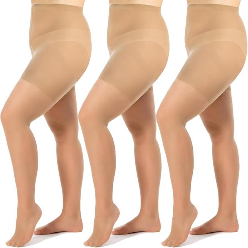 TEMU 3 Pack Women's Sheer Plus Size Tights With Support And Reinforced Toes Pantyhose-