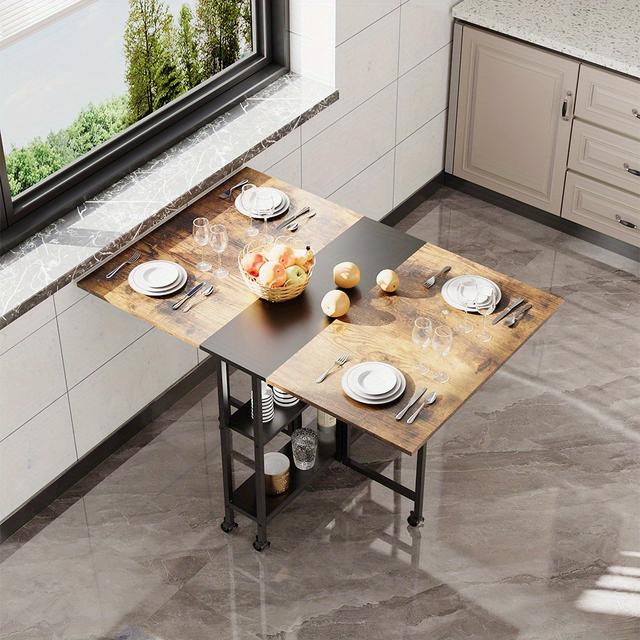 TEMU Vintage Style Foldable Dining Table With Wheels & Storage Shelves - Dual-sided Hardwood Top, Space-saving Design For Small Kitchens, Black Metal Legs, 120x80x76cm, Kitchen Table