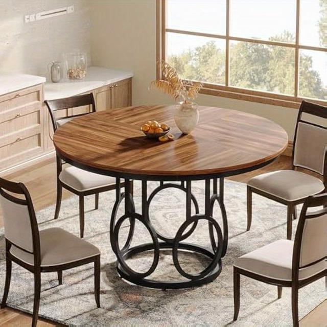 TEMU Round Dining Table For 4 People, 120cm Rustic Dining Room Table With Metal Base, Round Kitchen Dinner Table For Kitchen, Living Room, Dining Room (brown)