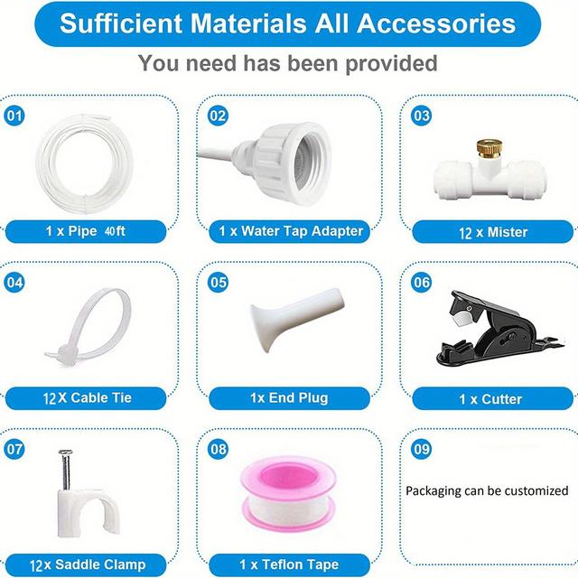 TEMU 1 Set Pvc 40ft Irrigation Kit, Misting Cooling Eu , No Battery For , ,