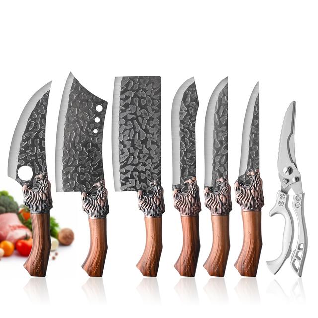 TEMU Professional Kitchen Knife Set With Chef's Knife, Slicing Knife, Scraper, And Scissors, Made Of Ultra- Steel, Featuring Ergonomic Wooden Handles, Home Use, Travel, And Comes In A Gift Box