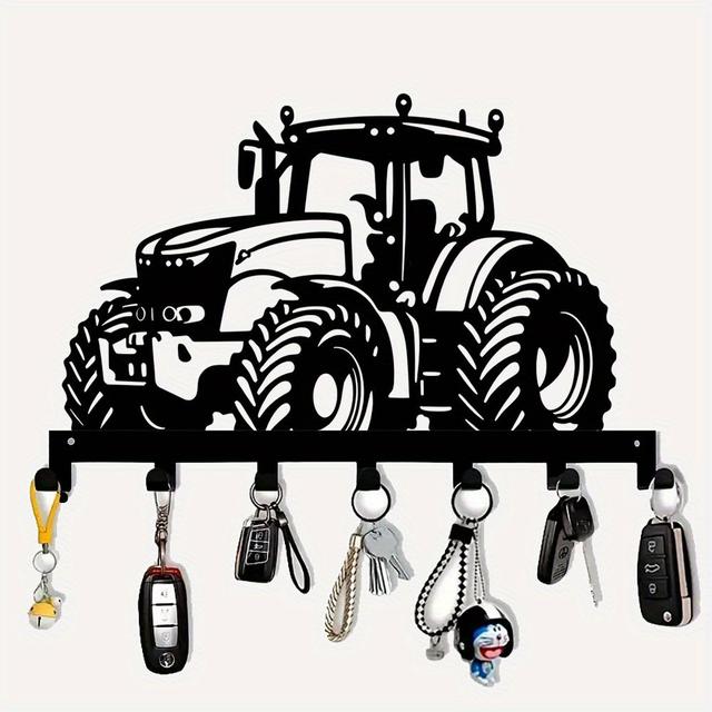 TEMU 7-hook Metal Key Holder - Wall-mounted Storage Organizer For Keys, Towels, Coats, Kitchen Essentials & More - Durable Rust-resistant Home Decor With Farm Tractor Design!