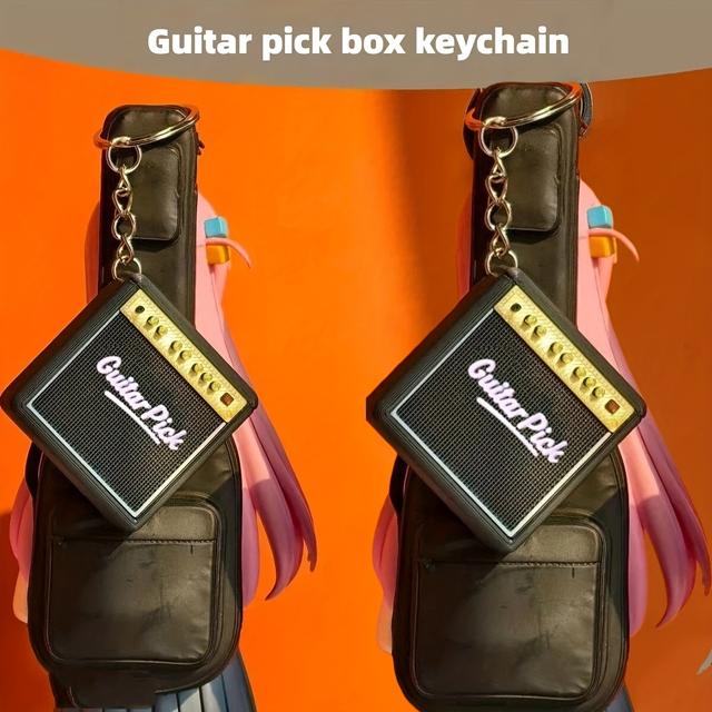 TEMU 【商品名】ヴィンテージスピーカーの形をしたポータブルギターピック収納ボックスキーホルダー。ピック紛失を防ぐティブな3Dプリントクリップ付き。ギター、ベース、ウクレレ愛好家へのギフトに最適なな音楽アクセサリー。