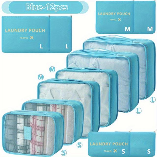 TEMU 12pcs Travel Organizer Set - Suitable For Luggage Organization With Zippered Inner Pockets - Thickened Luggage Organizer Bag With Color-coded Compartments For Shoes, Toiletries, And Clothing