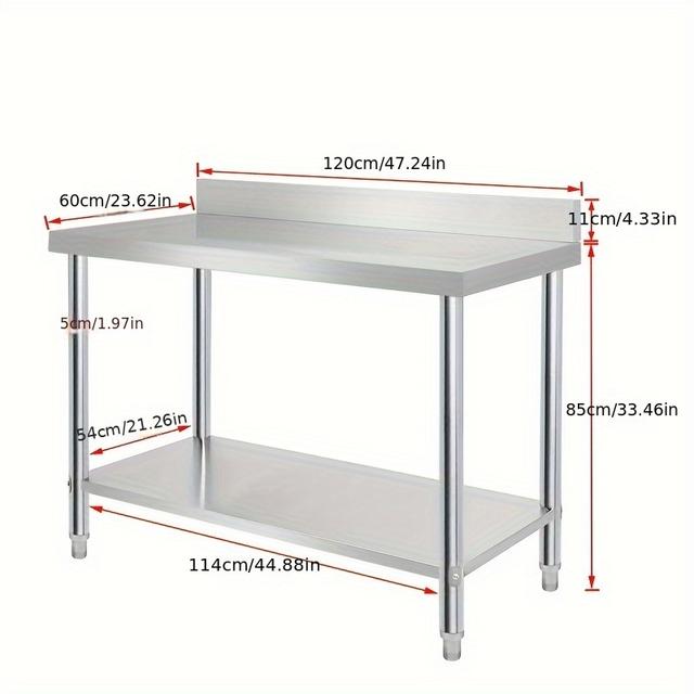 TEMU Mesa de trabajo de acero inoxidable de dos niveles que mide 100/120 x 60 x 85 cm, con columnas ajustables, ideal para uso en la cocina, preparación y como mesa de comedor.