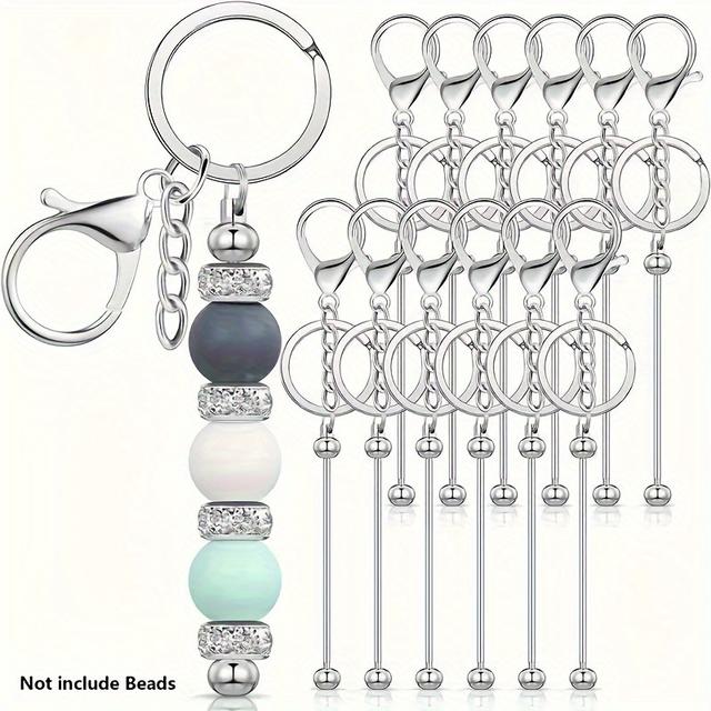 TEMU 12pcs You Keychain Strips With Beads Diy Keychain Pendant Production Supplies Silvery Metal Bead Keychain Blank Keychain Strips