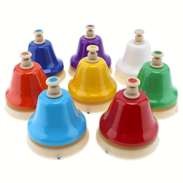 TEMU 8-tone Hand Bell Set - Colorful, Durable Metal Percussion Instruments With Easy-to-read Notes For Music Enthusiasts & Party Favors, Musician Gear, Vibrant , Metallic Finish