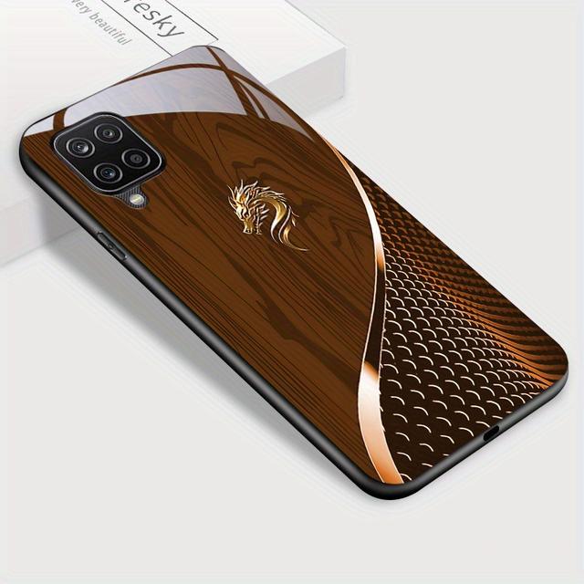 TEMU For Galaxy A12 M12 F12 Phone Case, And Stylish Grain Print Glossy Tempered Glass Casing Shockproof Back Cover