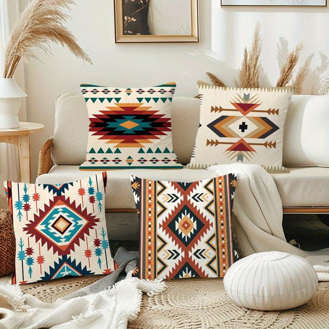 TEMU 4개 세트, 부드러운 플러시 기하학적 디자인 쿠션 커버, 18인치 x 18인치, 레트로 에스닉 스타일 추상 디자인 편안한 홈 데코 베개 커버, 지퍼형 폴리에스터 농가 스타일 베개 커버 (거실 소파 야외 사용)