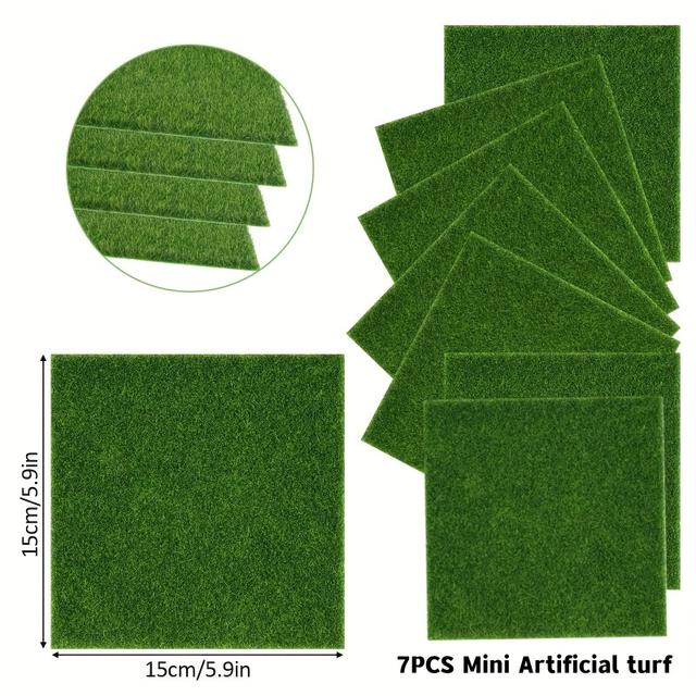 TEMU 7-delige Mini Kunstgras Tuin | Rechthoekig, Multifunctionele Mini Tuindecoratie, Plastic Sprookjes Tuin Tapijt, Geschikt voor Poppenhuis Decoratie en Micro Landschap Ontwerp