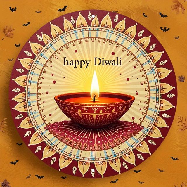 TEMU Happy Diwali 8x8" Round Aluminum Sign – Vibrant Uv-printed Weather-resistant Metal Decor With Pre-drilled Holes For , Diya Design In Red & Orange Tones, 2d, Room Decor