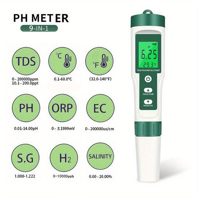 TEMU Advanced 9-in-1 Water Quality Tester Pen - Accurate Ph, Orp, Ec, Tds, , Fahrenheit, H2, S.g & Salinity Testing With Lcd Backlight, Portable & Battery-powered (batteries Not Included) For Home