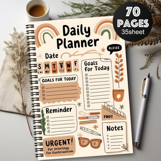 TEMU 1pc Aesthetic Daily Planner Spiral Notebook - Cute Hand-drawn Layouts With Technique, Mood , Notes/to-do List/goals Sections, Bullet Journal Organizer For School, Work, Personal Planning (no Pens