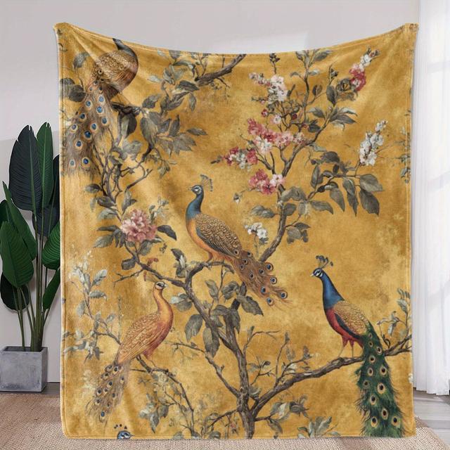 TEMU A Cozy And Soft Vintage-inspired Blanket Featuring Peacock Floral Prints, Perfect For Use On Sofas, Beds, Cars, Or During Camping Trips. This Gift Blanket Is Suitable For All .