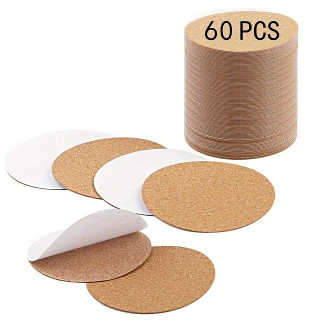 TEMU Bulk Pack Of 60 Self-adhesive Cork Pieces For Coasters, Featuring Round Backing Suitable For Crafts And Thin Drink Coasters