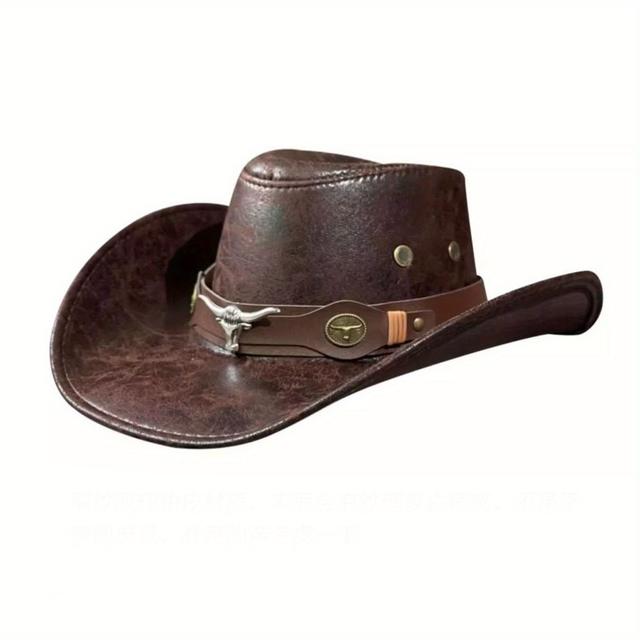 TEMU Women Men Vintage Leather Cowgirl Hat Decor Sun Protection Hiking