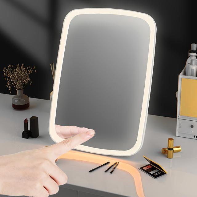 TEMU White Led Makeup Mirror With Touch Switch, 3 Color Temperatures Adjustable Brightness, Portable Desktop Vanity Mirror With Stand, Battery Powered (aaa Not Included), , , Plastic Construction