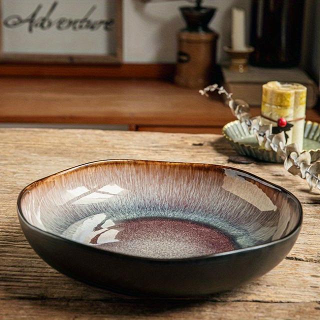 TEMU Ceramic Deep Plate, Unique Irregular - And Gradient Color, Durable Ceramic Suitable For Salads, Soups, Vegetables- Perfect For Use