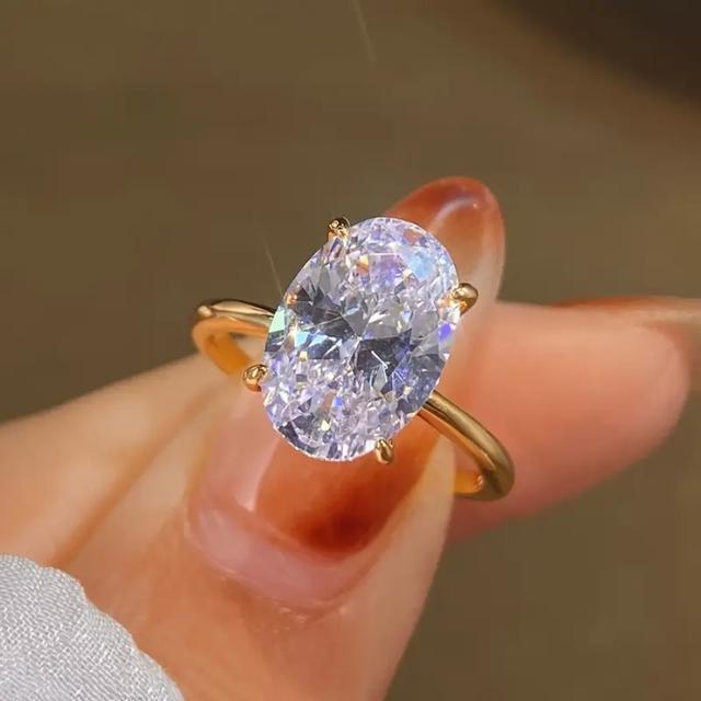 TEMU 1pc Women's Oval -plated Copper Ring With Oval Synthetic Synthetic Zirconia - Four-prong Wedding, Elegant Party Jewelry Gift Suitable For Valentine's Day, Wear