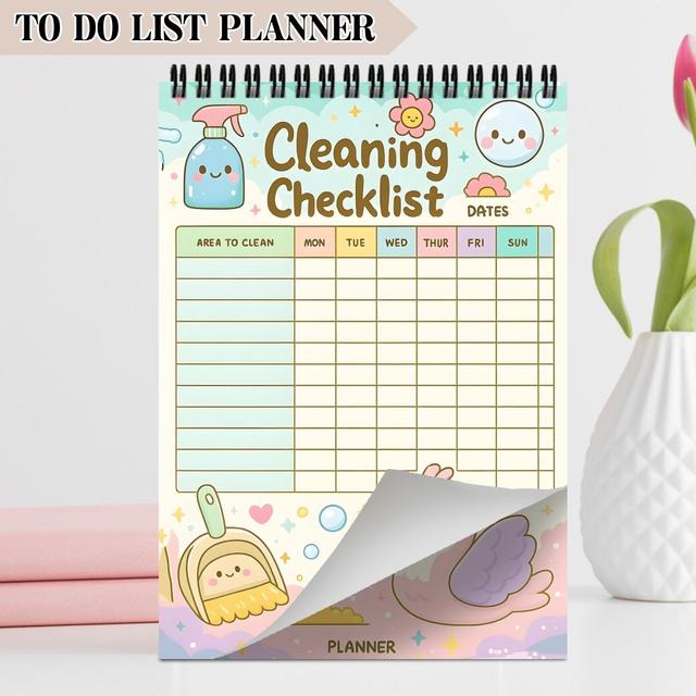 TEMU 1pc Of Aesthetic Daily Planner Spiral Notebook, A Single Pack Of An Undated , Personal Organizer Study Notebook, Adorable Cleaning-themed Task Checklist Organizer Agenda Notepad For Work