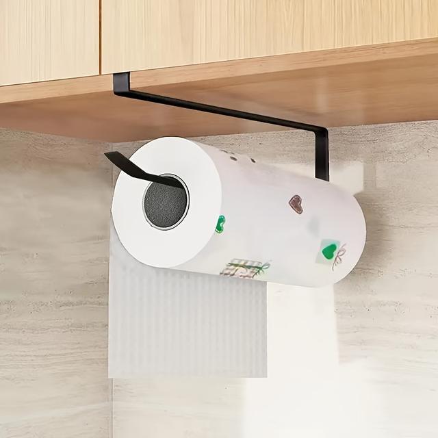 TEMU 1pc Easy-to-install Iron Kitchen Paper Towel Holder - And Black Paper Towel Rack, Embedded Installation, Design, Suitable For Cabinet Doors - Space-saving Cling Film, Dishcloth