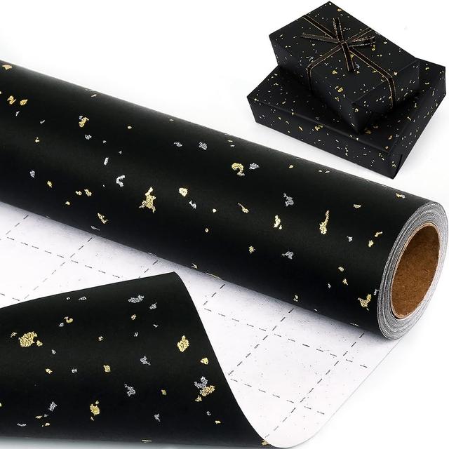 TEMU Black Wrapping Paper Roll - 17 Inches × 33 Feet, Black And Gift Wrap With Silvery & Golden Glitter For Birthdays, Weddings, Christmas, Holidays, And