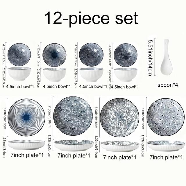 TEMU Kompletní sada 12 keramických talířů v japonském , ideální pro rodinné stolování a speciální události