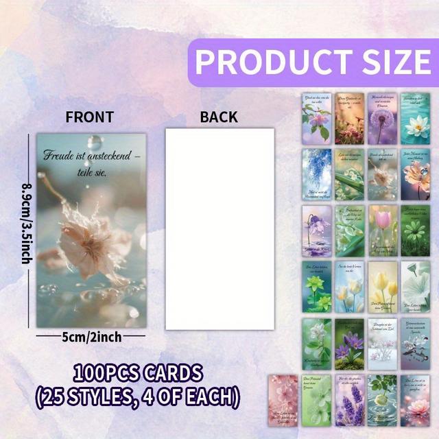 TEMU 100pcs Card Set - German Floral Inspirational Quote Cards, 25 Unique Styles, Ideal For , Family, Festivals, Encourasynthetic Gemstoneent, Gratitude & Moments