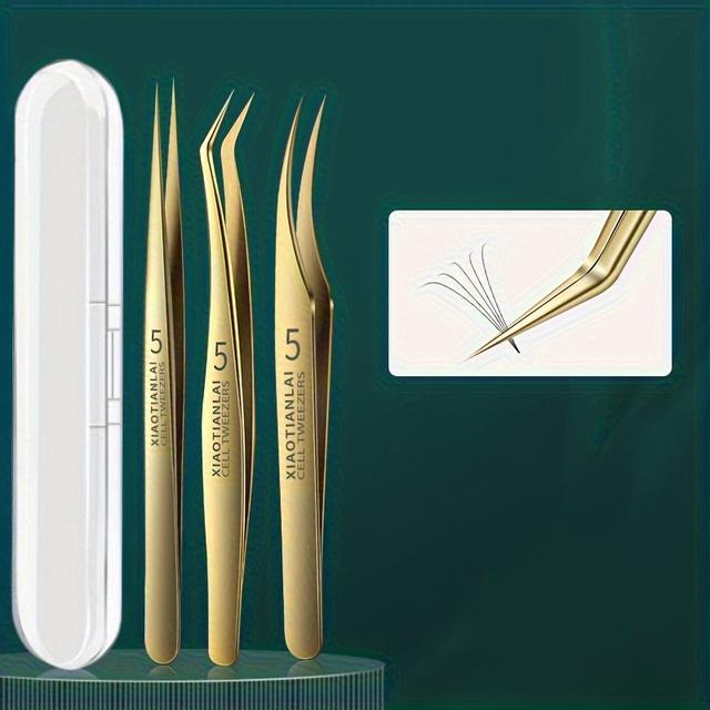 TEMU Three-piece Stainless Steel Tweezer Set - Unscented, Anti-static Precision Tweezers For Eyelash Extensions, Electronics, Jewelry Making - Straight Head And Curved Head Beauty Tool Set