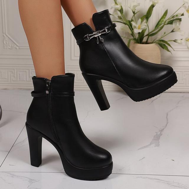 TEMU Botines de PU con cremallera lateral, Botas de invierno de goma a con tacones gruesos y tacones ultra altos (más de 8 cm), Zapatos de mujer
